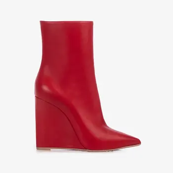 Новые женские короткие ботинки красного цвета с острым носком на сверхвысоком наклонном каблуке и боковой молнией